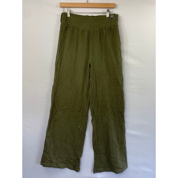 One 5 One Wide Leg Pants Women Small Green Straight Leg Elastic Waist Cotton - Picture 1 of 11